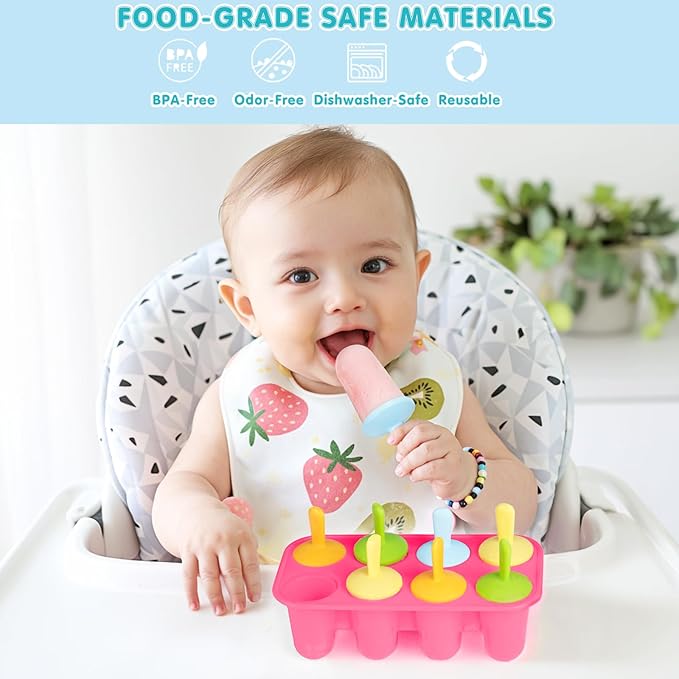 Miaowoof Silicone Popsicles Molds for Toddlers, 8-Cavity Non-BPA Premium Silicone Small Popsicle Molds, Ice Pop Mold with 8 Colorful Reusable Sticks for Kids (Pink)