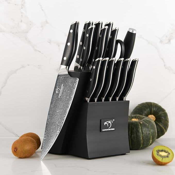 Damascus Knife Set with Block for Kitchen, VG10 Core Damascus Steel Chef Knife Set with Triple-Rivet Handle, Knife Sharpener, 16PCS with Ash Wood Knife Block