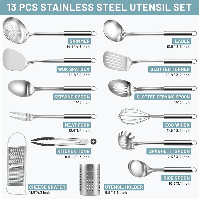 Pleafind Stainless Steel Cooking Utensils Set, 13 Pcs Heat Resistant Kitchen Utensils Set, Nonstick Kitchen Tools Set With Utensil Holder, Metal Spatula Set for Chef, Dishwasher Safe