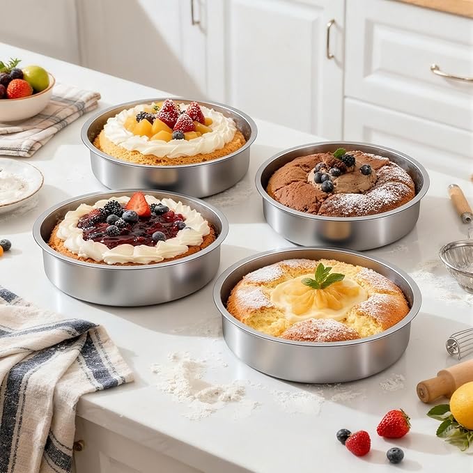 Ohtomber 8 Inch Cake Pan - Set of 4 Stainless Steel Round Layer Cake Baking Pans Molds, Tins, Stackable Baking Set, Even Heating, Dishwasher Safe Non-Toxic Bakeware Dish for Birthday Wedding Christmas