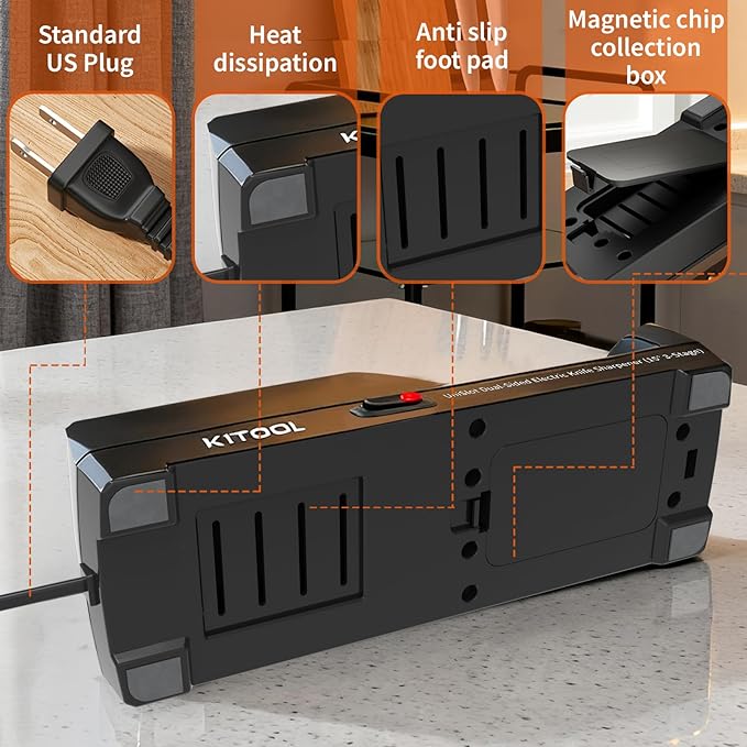 Electric Knife Sharpener, 3-Stage with 100% Diamond Abrasives, Dual-Sided Fast Sharpening, Low Noise & Auto Temperature Control, for Kitchen Straight, Serrated & Ceramic Knives