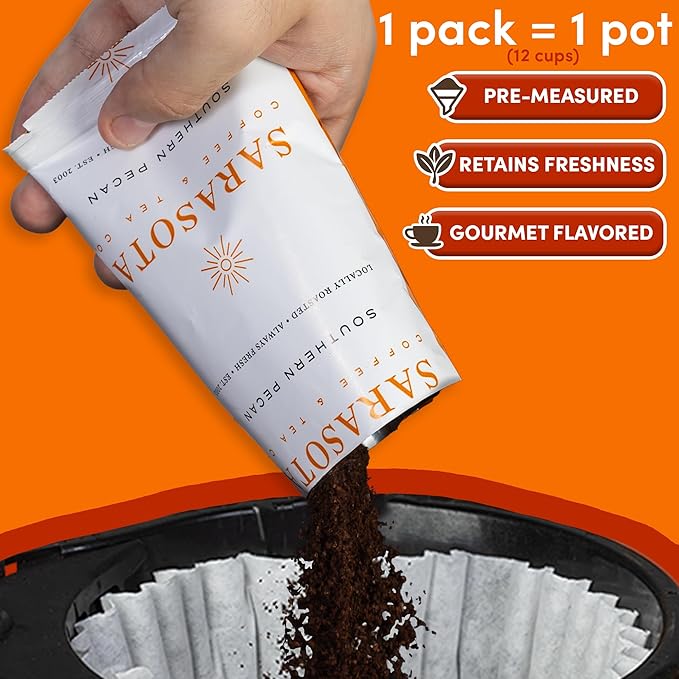 Sarasota Coffee Flavored Ground Packets | Southern Texas Butter Pecan | Gourmet Medium Roast Bulk Coffee Packs | Low Acid Mold Free Individual Pouches for 12 Cup | 2.5 Ounce Bags, 36 Count