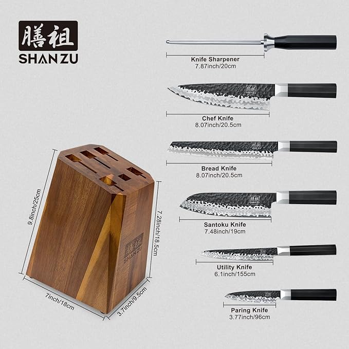 SHAN ZU 7-Piece Japanese Knife Set - 7 Layers 10Cr15MoV High Carbon Steel Kitchen Knifes Set with Block and Sharpener,Ultra-Sharp Chef Knife Set with G10 Handle