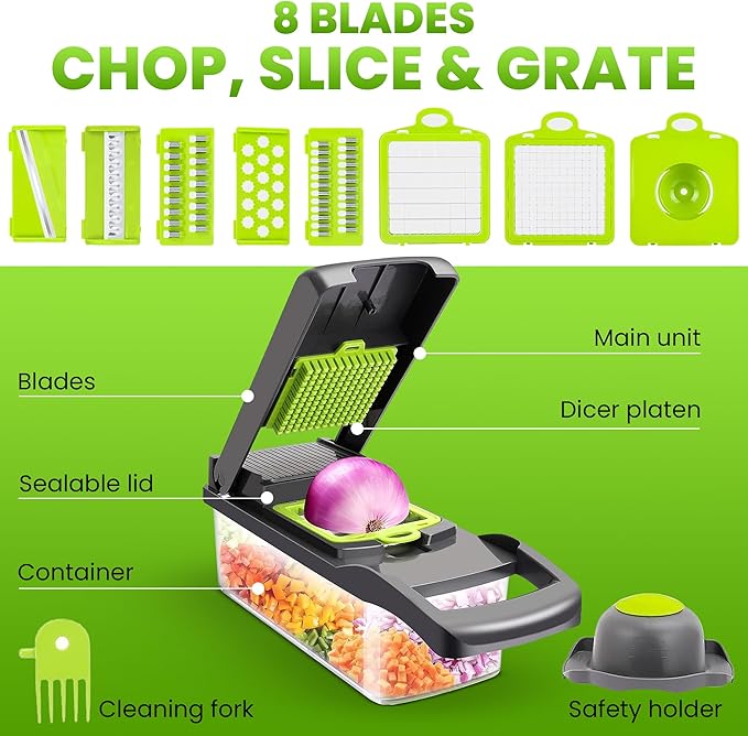 15-in-1 Vegetable Chopper & Mandoline Slicer by Global Digitronix – BPA-Free Veggie Cutter with Stainless Steel Blades, Onion Chopper & Food Dicer, Fruit & Vegetable Slicer – Black & Green