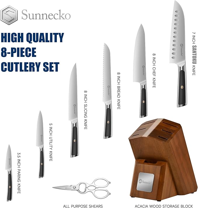 Sunnecko Knife Block Set of 8pcs - Kitchen Knife Set with High Carbon Stainless Steel 1.4116 Knife Sets for Kitchen with Block - Chef Knife with Ergonomic Handle Black Knife Set