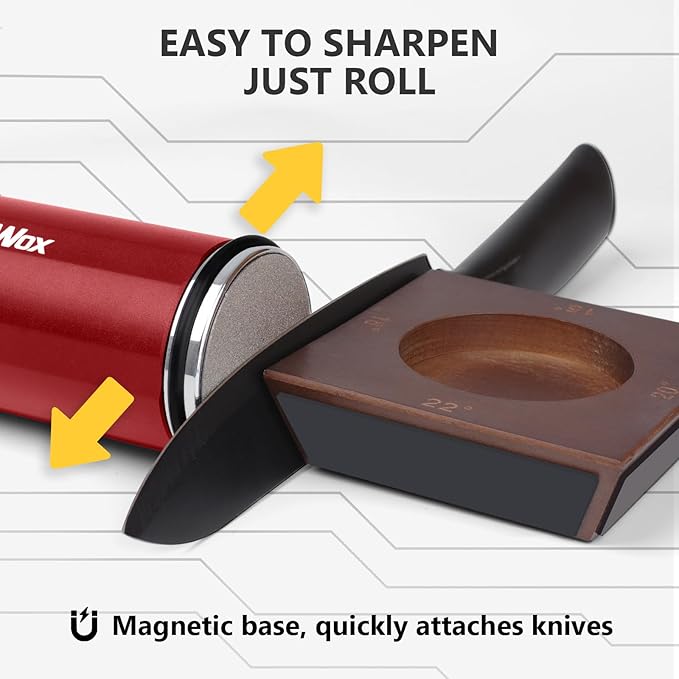 Longer Rolling Knife Sharpener with Leather Strop, Upgraded Rolling Knife Sharpening with 4 Degree Angle and 4PCS Replaceable Honing Discs, Easy to Sharpen Ktichen Knives, Red
