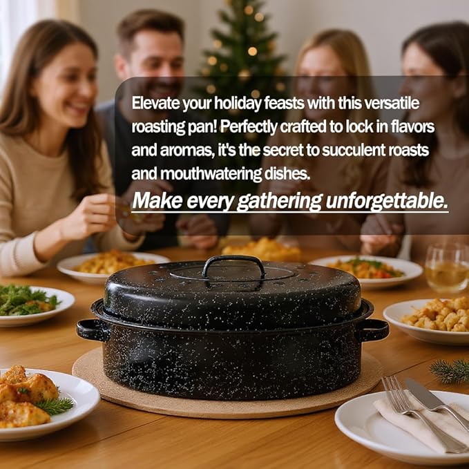 Turkey Roaster Pan 18in Roasting Pan With Lid Enamel Carbon Steel Roaster Pot with 16in Inner Diameter,18 pound large capacity Resistance up 900°F Oval Cookware