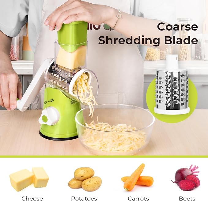 X Home Rotary Cheese Grater for Kitchen, Shredder with 3 Interchangeable Blades, Rotary Grater with Handle and Strong Suction Base, for Vegetables, Fruit, Nuts, Easy to Use and Clean, Green
