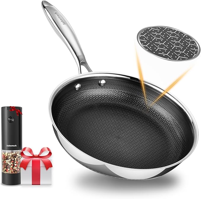 9.5" Nonstick Frying Pan, Ceramic-Coated Stainless Steel Skillet - PFOA/PTFE Free, High Heat & Induction, Dishwasher & Oven Safe + FREE Electric Pepper Grinder