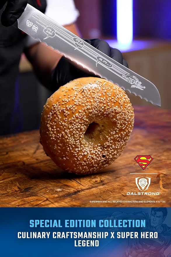 Dalstrong Serrated 8 inch Bread Knife - DC Superman™ Edition - Premium German Stainless Steel - POM Handle Full Tang - Etched Artwork Logo - Boyfriend Valentine's Gift Bread Slicer - Leather Sheath