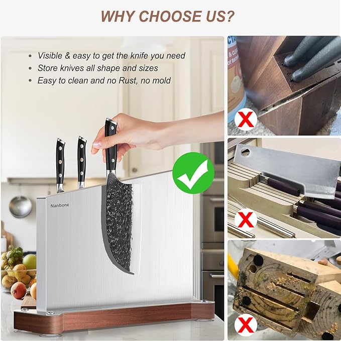 Magnetic Knife Block Without Knives Large Double Side Magnetic Knife Holder Stand with Strong Magnet, Stainless Steel Knife Storage Organizer for Kitchen Counter Knife Rack Three Magnet Strip