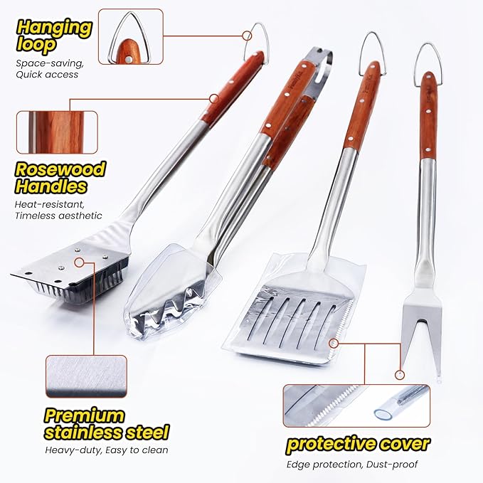 4PCS Grilling Accessories Rose Wooden BBQ Grilling Tools Set, Heavy Duty Stainless Steel Barbecue Grill Tools Kit with Spatula, Clips, Brushes, Forks for Outdoor Grill, BBQ Gift for Men and Women