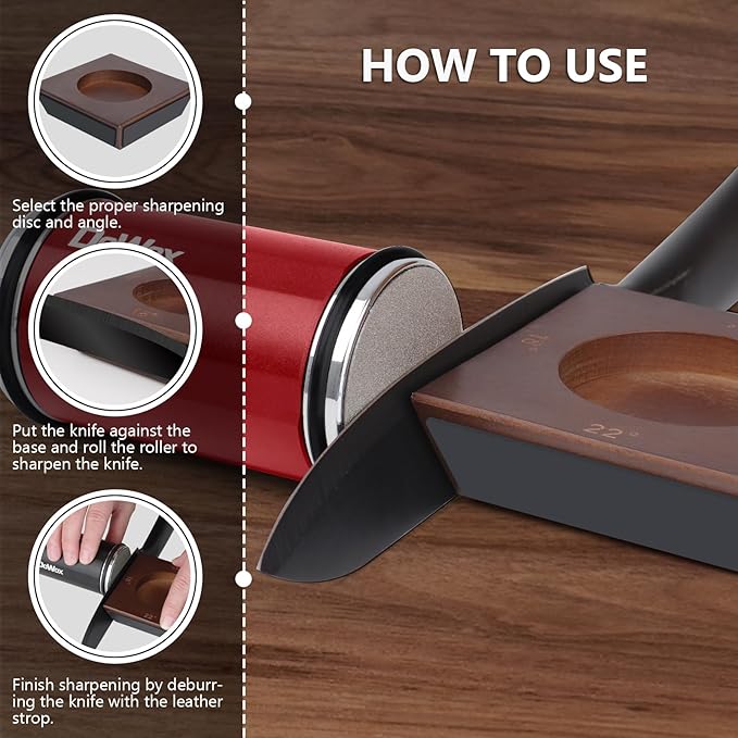 Longer Rolling Knife Sharpener with Leather Strop, Upgraded Rolling Knife Sharpening with 4 Degree Angle and 4PCS Replaceable Honing Discs, Easy to Sharpen Ktichen Knives, Red