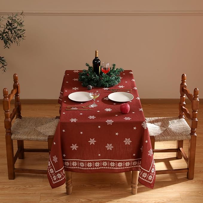 ISAENNE Designer Christmas Red Rectangular Tablecloth,Linen Table Cloth with Snowflakes Pattern,Wrinkle Resistant Decor Tablecloths for Dining Kitchen Thanksgiving Christmas,55"*87"-Carol C