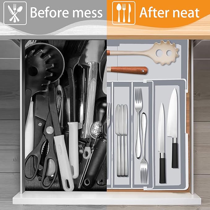 Silverware Drawer Organizer for Kitchen - Adjustable Utensil Holder Drawer Organizer, BPA Free Flatware and Cutlery Tray, Expandable Plastic Storage for Spoons Forks Knives, Grey