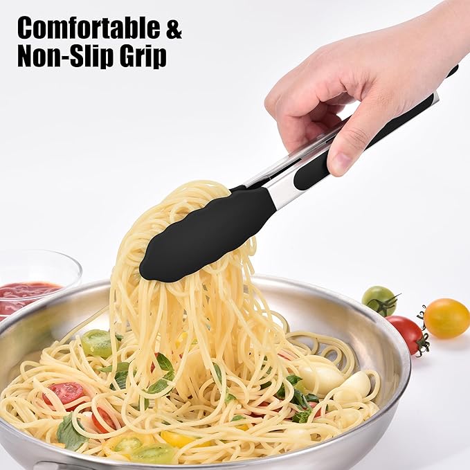Doosu Kitchen Tongs for Cooking - 600°F Heat Resistant Food Tong with Non-Scratch Silicone Tips, Heavy Duty Stainless Steel Locking Tong for BBQ, Grilling Steak, Serving Salad, Pasta (9in, Black)