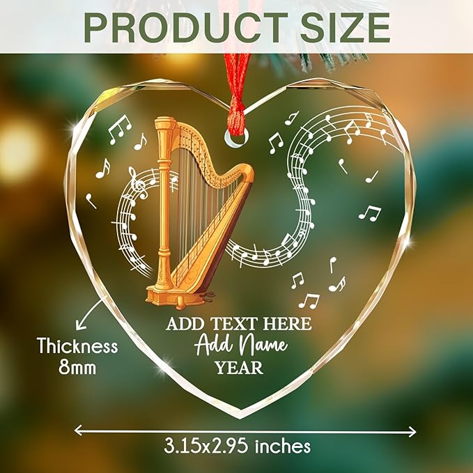 Personalized Text Name Year Harpist Christmas Ornament, Customized Harp Music Instrument Glass Ornaments, 2025 Xmas Ornament Gift for Teacher Student Harp Player, Musician Xmas Decorations