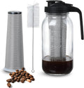 Cold Brew Coffee Maker Pitcher 64-ounce Glass Wide Mouth Mason Jar with Stainless Steel Filter and Pour Spout Handle Lid (Black, 64Ounce)
