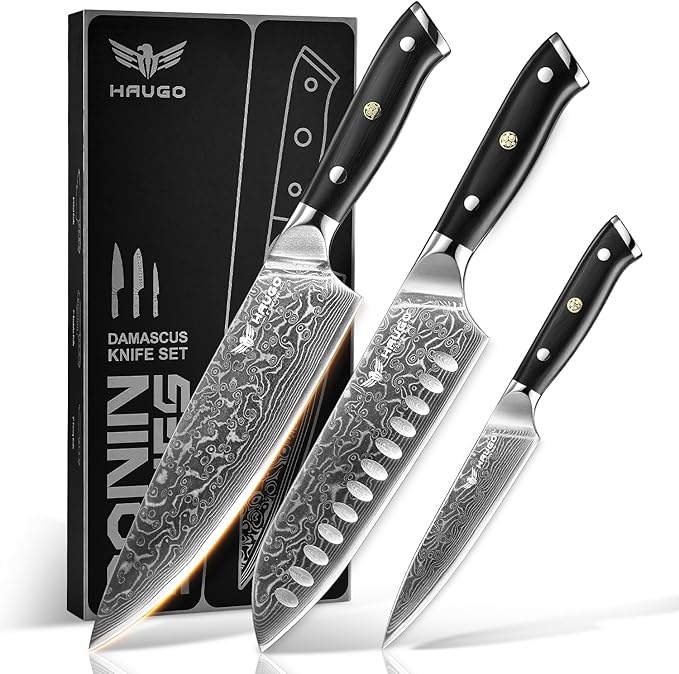 Damascus Knife Set - Haugo 3 PCS Professional Chef Knife Set with Japanese VG10 Steel Core - Ultra Sharp Kitchen Knives and Full Tang G10 Handle - Ronin Series - Gift Box