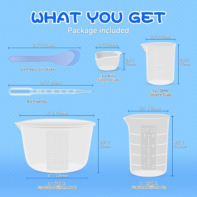 Silicone Resin Mixing Measuring Cups for Resin Supplies, 600ml/20oz Bowl, 250 & 100ml Thickened Reusable Silicone Cups for Epoxy Mixing, with Stir Sticks and Pipettes, Jewelry Making