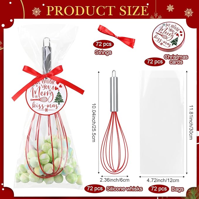 72 Sets 10 Inch Christmas Whisks Gifts DIY Fillable Christmas Tree Ornaments Xmas Colored Silicone Whisks for Cooking Heat Resistant Egg Beaters with Card Rope Bag for Candy Holder