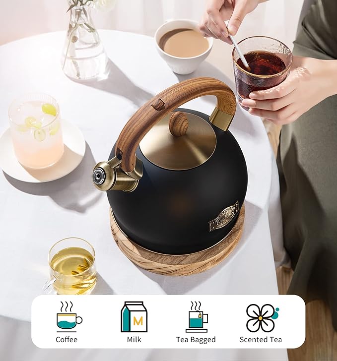 Tea Kettle & Tea Pot, 2.64 Quart Food Grade Stainless Steel Induction Whistling Tea Kettle for Stove Top Home Daily Use Teapot with Cool Touch Ergonomic Handle Polished Black