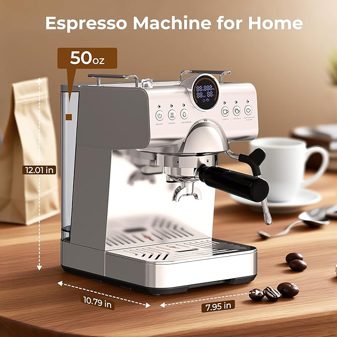 Compact Espresso Machine with Milk Frother,Cold Brew & Hot Coffee Machine,LED Display,Cappuccino & Latte Machine for Home,Beginner-Friendly Espresso Machines (SILVER)