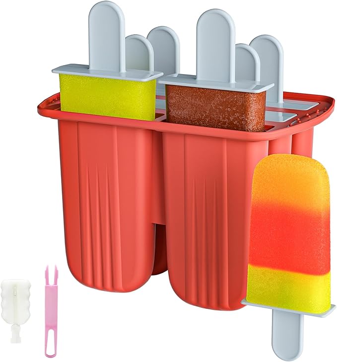 6 Pieces Silicone Popsicle Molds,Easy-Release BPA-Free,Ice Pop Mold Ice Cream Molds For Kids,With 6 PCS Plastic Stick+Cleaning Brush(Red)