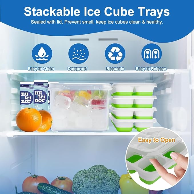 Ice Cube Tray, Ice Cube Trays for Freezer 4 Pack with Lids, Ice Tray Easy-Release, Ice Trays for Freezer Stackable, Silicone Ice Cube Tray for Drinks, Coffee - BPA-Free and Odor-Free