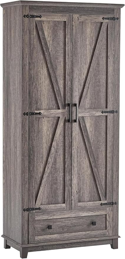 AMERLIFE 2 Pcs Farmhouse Kitchen Pantry Cabinet, 72" Tall Storage Cabinet with Adjustable Shelves & Barn Doors & Drawer, Freestanding Kitchen Cupboard for Dining Room, Living Room, Rustic Grey