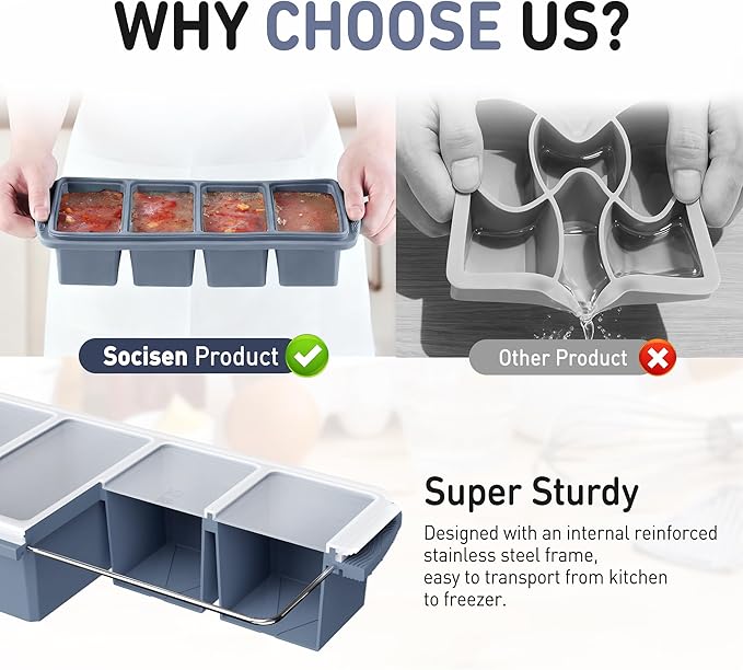 Silicone Freezer Tray with Lid Soup Freezer Container Molds with Steel Reinforced Rim Large Ice Cube Tray Makes 8 Perfect 1 Cup Portions Cubes Storage Food Meal Prep Containers Kitchen Mold