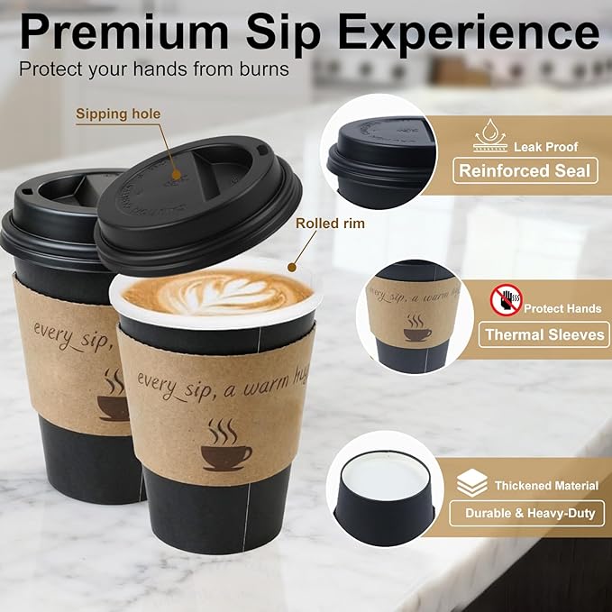 100 Pack 12 oz Coffee Cups,Disposable Hot Drink Paper Cups with Lids & Sleeves -12 Ounce Black Party Cups Perfect for Hot Beverages, Party, Office,and Home Use