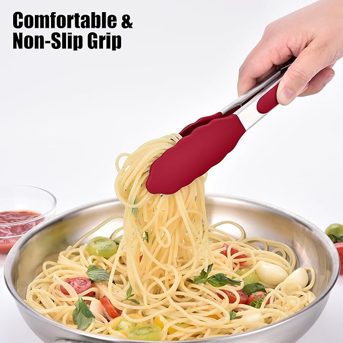 Doosu Kitchen Tongs for Cooking - 600°F Heat Resistant Food Tong with Non-Scratch Silicone Tips, Heavy Duty Stainless Steel Locking Tong for BBQ, Grilling Steak, Serving Salad, Pasta (7in, Red)