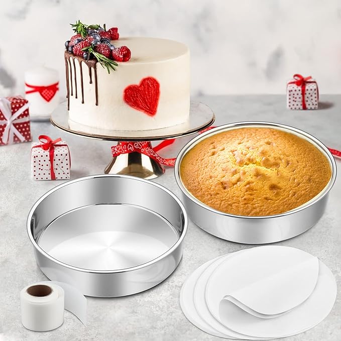 E-far 9½ Inch Cake Pan Set of 2, Stainless Steel Round Layer Cake Baking Pans with Parchment Rounds & Side Liner Roll, Non-Toxic & Healthy Metal Cakes Tin, Straight Side & Dishwasher Safe