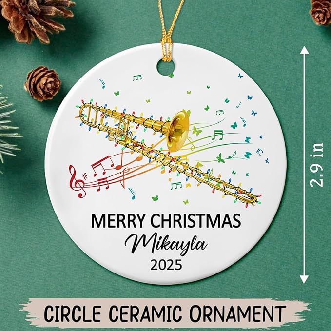 Customized Trombone Musical Player Ceramic Ornament with Name Text Year, Personalized Hanging Xmas Tree Ornaments Gift for Trombonist Daughter Son Brother Sister Friends, Trombone Instrument Ornament