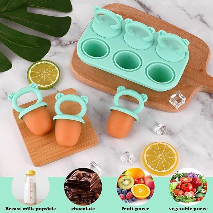 HUAKENER Mini Popsicle Molds, Silicone Popsicle Mold for Toddlers, 6-Cavity Ice Pop Molds with Handle for Making Healthy Baby Food, Breastmilk Popsicle (Green)