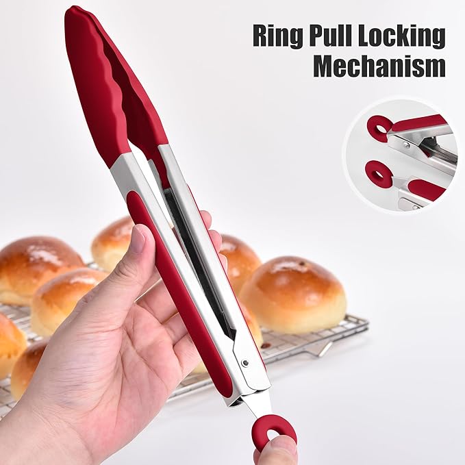 Doosu Kitchen Tongs for Cooking - 600°F Heat Resistant Food Tong with Non-Scratch Silicone Tips, Heavy Duty Stainless Steel Locking Tong for BBQ, Grilling Steak, Serving Salad, Pasta (9in, Red)