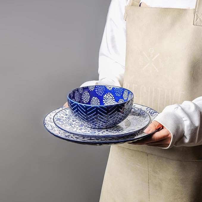 Selamica Ceramic Dinnerware Sets, 24 Pieces Dishes Set for 8, Embossed Plates and Bowls Sets for Holiday Celebrations, Dishwasher & Microwave Safe, Dark Blue