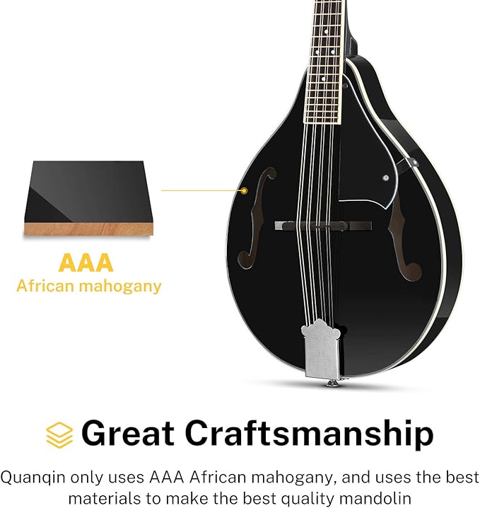 Donner A Style Mandolin Instrument Black Beginner Adult Acoustic Mandolin Musical Instrument Mahogany 8 String, Bundle With Tuner String Bag Guitar Picks, DML-100B