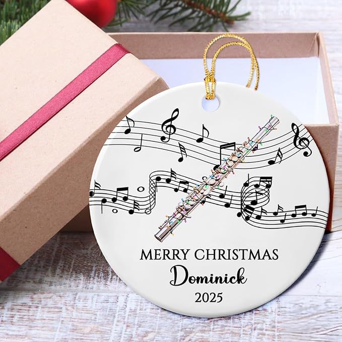 Customized Text/Year/Name Flute Player Ceramic Ornament, Personalized Xmas Ornaments Gift for Flautist Instrument Lover Brother Sister Dad Mom Daughter Son, Unique Flute Musical Ceramic Ornament