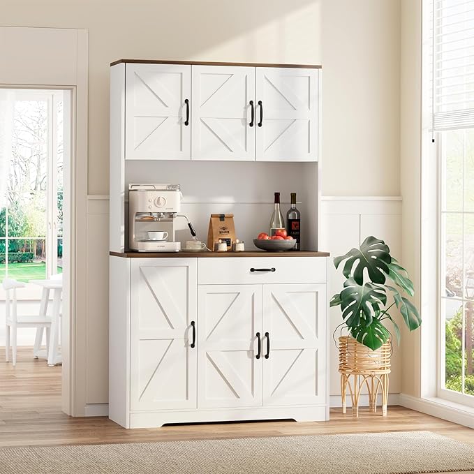 71" Kitchen Pantry Cabinet with Charging Station, Buffet Sideboard for Coffee Maker & Toaster, Storage Cabinet for Snacks, Spices & Wine, Fits Kitchen, Dining Room & Coffee Bar，White