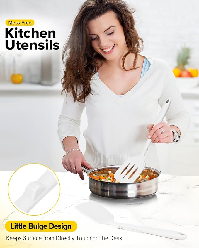 Pack of 2 Silicone Spatula Turners, Non Stick Slotted Kitchen Spatula Set, Heat Resistant BPA Free Kitchen Utensils, One-Piece Design, Suitable for Flipping Fish, Eggs, Steak, Pancakes (WHITE)