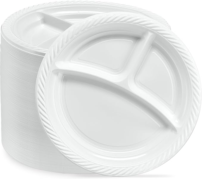 PLASTICPRO 9 inch Round Plastic Plates 3 Compartment - 3 Section Plates Microwaveable, Disposable, White, Dinnerware 400 Count