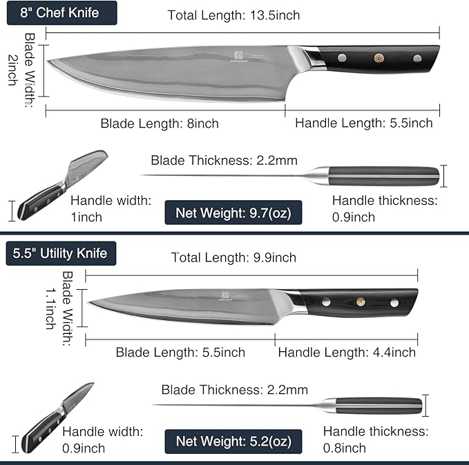 10C Kitchen Knife Set 2pc,8" Chef Knife & 5.5" Utility Knife,VG10 High Carbon Stainless Steel,6-Star Sharp Standard,G10 Black Handle,Love's Gift Box
