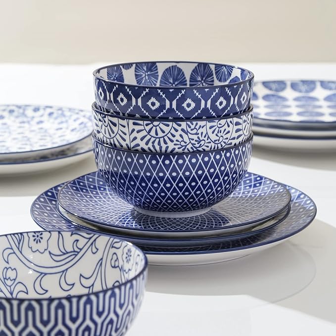 Selamica Ceramic Dinnerware Sets, 16 Pieces Dishes Set for 4, Kitchen Plates and Bowls Sets, Dishwasher & Microwave Safe, Vintage Blue