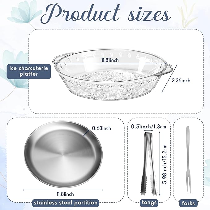 Baderke 2 Sets 11.8" Chilled Serving Tray for Parties Round Iced Platter with Ice Underneath Stainless Steel Clip Fruit Fork Shrimp Cocktail Serving Dish for Oysters Crawfish Fruits (Original)