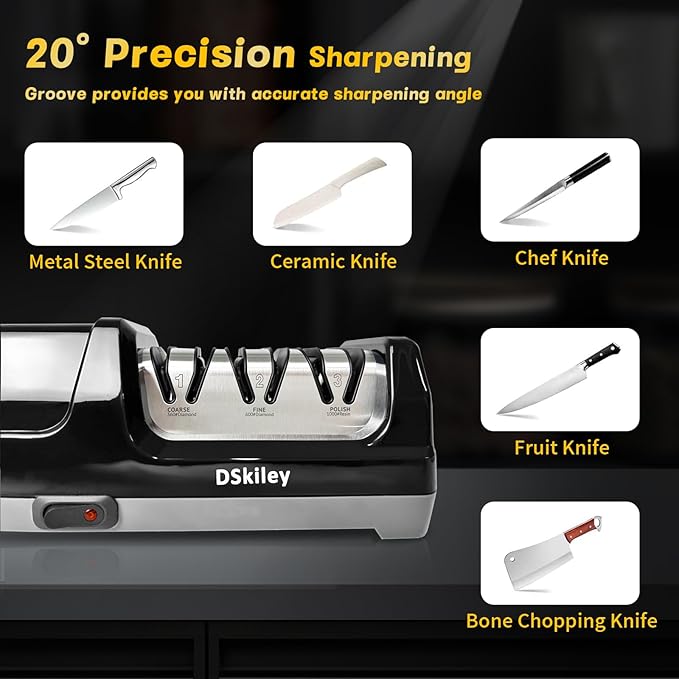 Professional 3-stage Electric Knife Sharpener for Kitchen Knives, with 100% Diamond Abrasive 20° Precision Angle Guide, Quickly Sharpening, Repairing/Restoring/Polish Blades (Black)