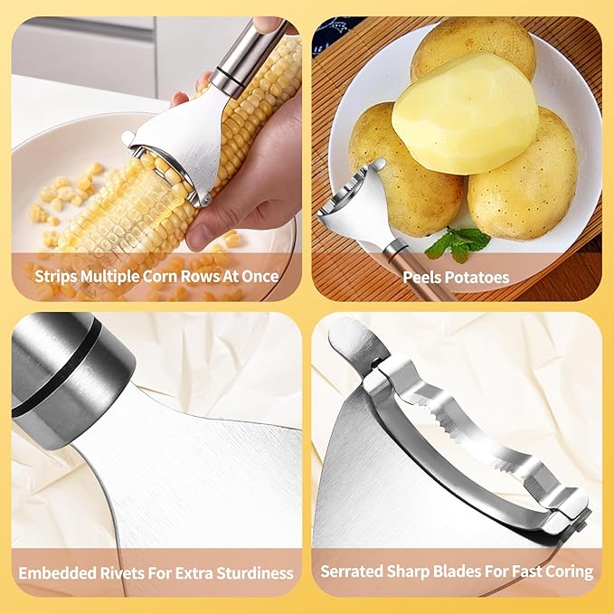 Upgraded Corn Peeler 3PCS Stainless Steel Corn Peeler for Corn on The Cob with Corn Stripper Tool and Corn Holder Set, Corn Cob Stripper Tool for Quick & Easy Peeling, Corn Scraper for Kitchen