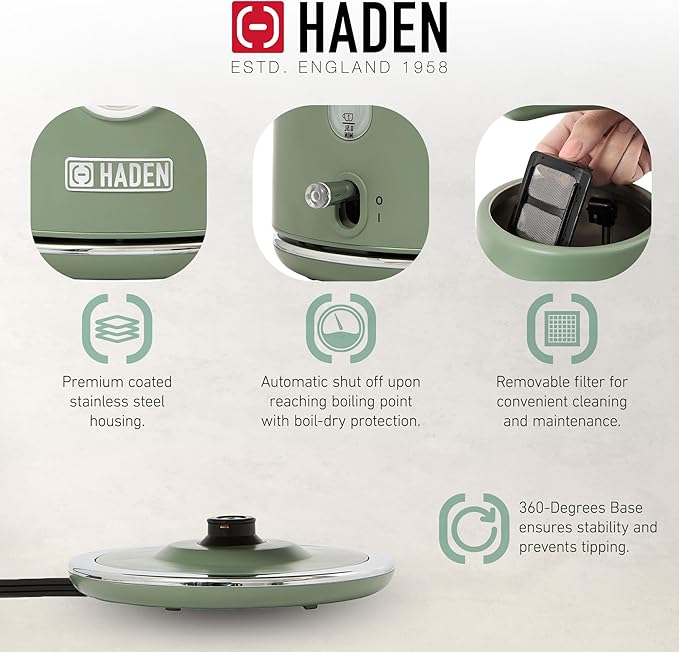Haden Dorset 1.7 Liter Stainless Steel Electric Kettle, Hot Water Kettle with 360-Degree Base and Auto Shutoff, Cedar Green & Chrome