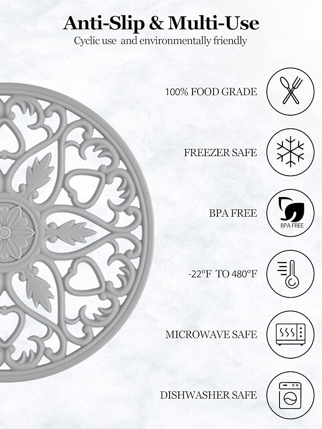 SMARTAKE 6 Set Silicone Trivets, Multi-Use Carved Trivet, Insulated Non-Slip Durable Kitchen Mat, Flexible Modern Kitchen Table Mat, for Hot Dishes, Pots, Dining Countertop, Grey